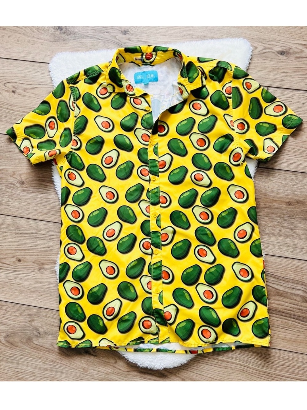 Avocado Print Short Sleeve Button-Up Shirt - Yellow & Green